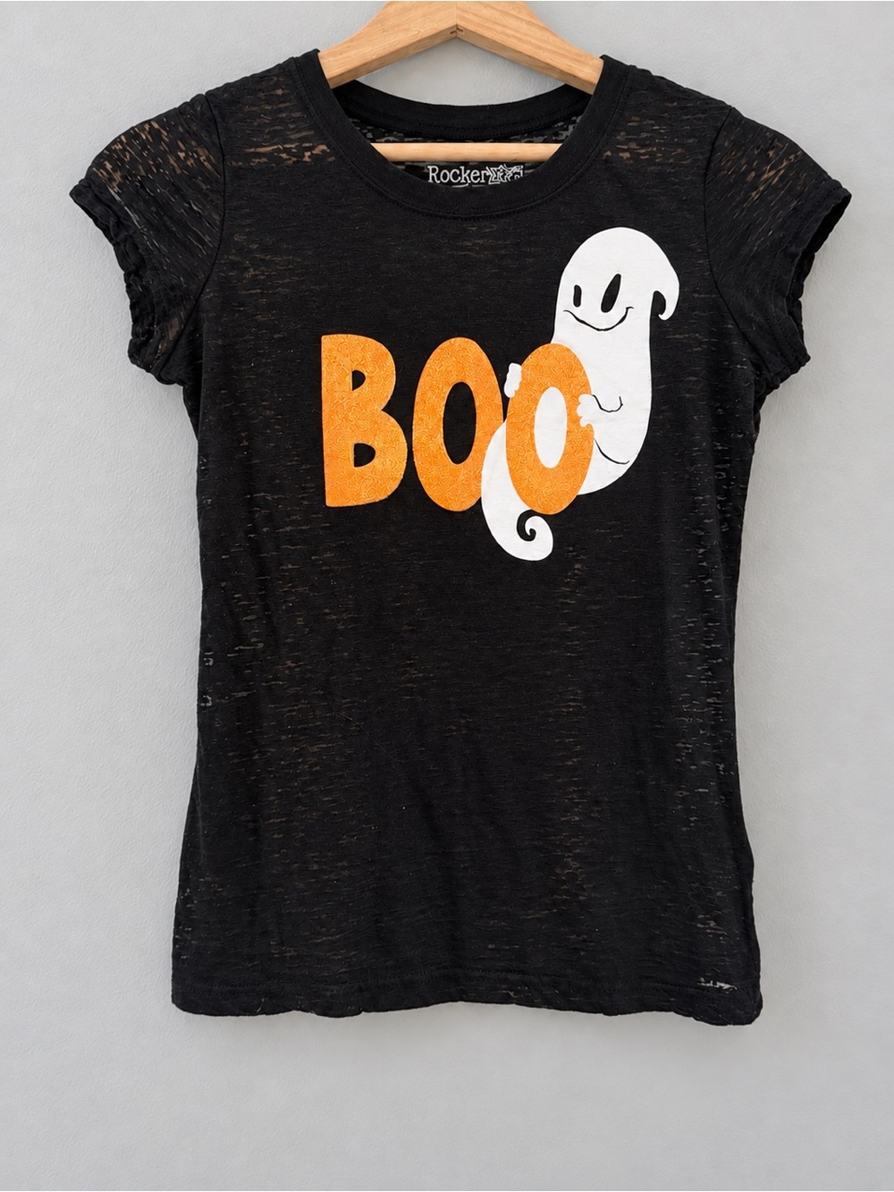 Rocker Girl M 7/9 Halloween BOO Ghost Glitter Black Burnout Semi Sheer Tee